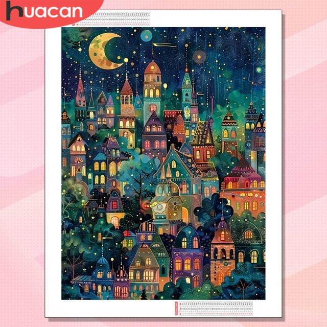 HUACAN Diamantmalerei Haus-Landschaft mit Mond als Mosaik-Wandkunst in Mehrfarbig, Rundbohrer - Bild 1