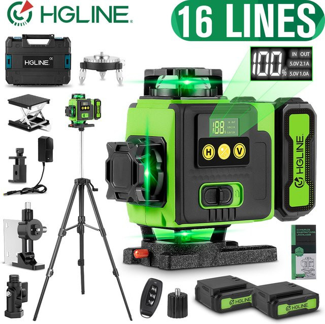 HGLINE 16 Linien Laser Nivelliergerät mit App-Steuerung, Fernbedienung und Power Display in Grün inklusive 100 cm Stativ - Bild 1