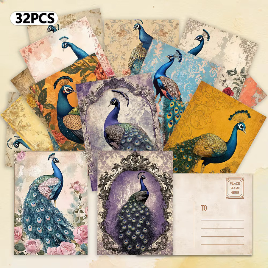 32 Stück Vintage-Postkarten mit Pfauen- und Blumenmotiven in Multicolour aus Papier - Bild 6