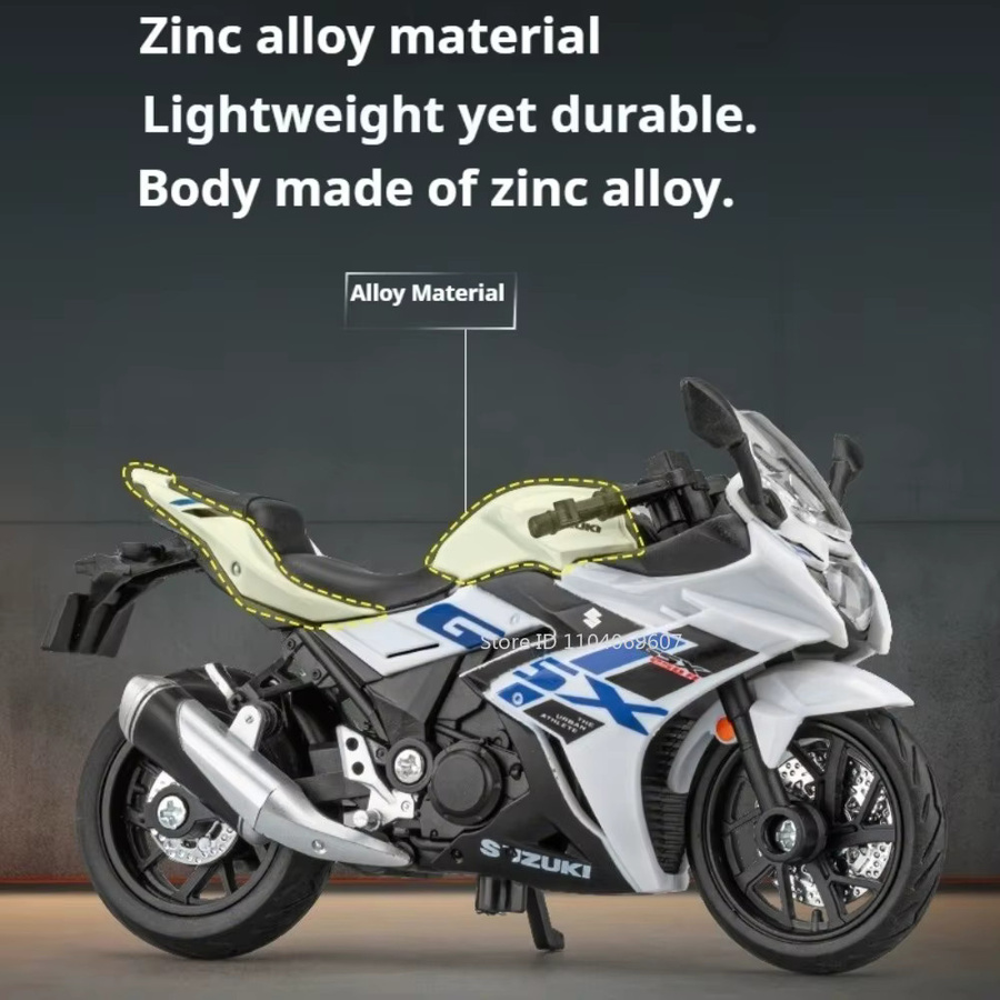 MAKEDA Diecast Modellmotorrad GSX250R H2R R3 in Blau aus Metall mit lenkbarem Vorderrad und Stoßdämpfung im Maßstab 1:18 - Bild 3