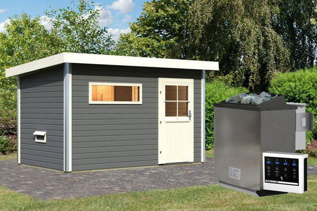 Saunahaus SKROLLAN mit Vorraum in Terragrau inklusive 9.0 kW BioKombiofen, Steuergerät und ISOGlas Klarglas classic, B/T/H: 337 x 196 cm - Bild 1