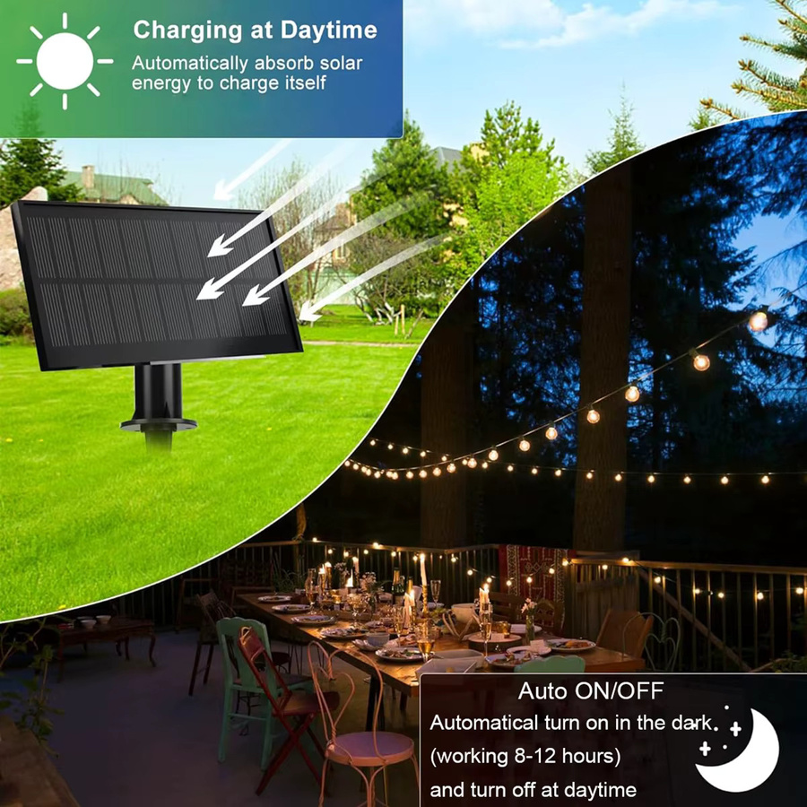 KIKIELF Solar-Lichterkette mit transparenten Kugelbirnen in Warmweiß für Garten und Terrasse - Bild 6