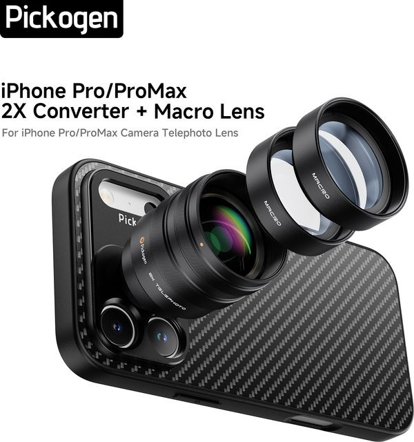 PICKOGEN 2X Konverter mit Makro-Objektiv und Teleobjektiv für Handykameras, kompatibel mit speziellen Handyhüllen für iPhone 15 Pro Max und iPhone 16 Pro Max, Schwarz - Bild 1