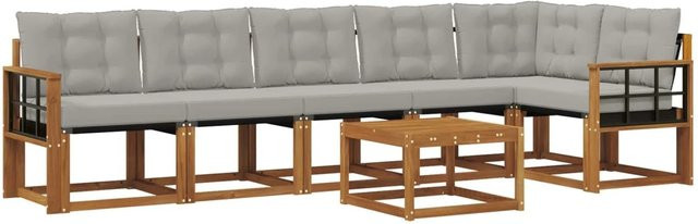 vidaXL Outdoor-Sofagarnitur 7-teilig aus Akazienholz und Textilene in L-Form mit Kissen, Farbe: Natur und Grau - Bild 1