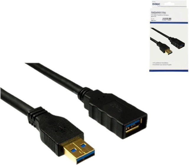 DINIC USB 3.0 Verlängerung A Stecker auf A Buchse Schwarz, Länge: 2 m - Bild 1