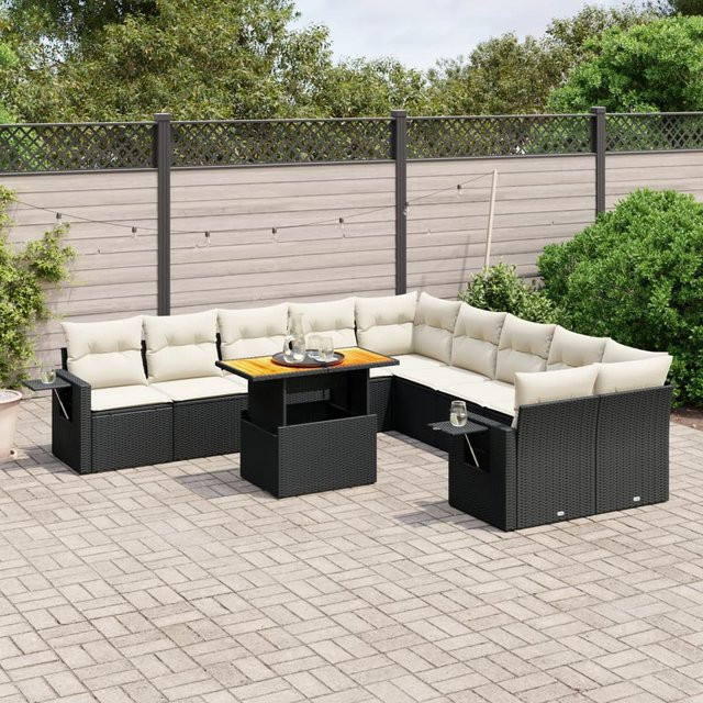 vidaXL 11-tlg. Garten-Sofagarnitur aus Polyrattan in L-Form mit Kissen, Schwarz und Weiß - Bild 3