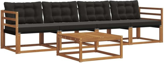 vidaXL Outdoor-Sofagarnitur 5-tlg. aus Akazienholz und Textilene in Natur und Schwarz mit Kissen und Tisch - Bild 1