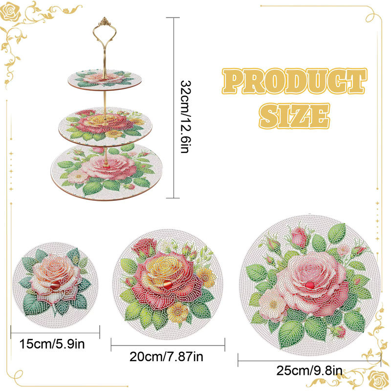 3-lagiges Diamant-Kunst-Kuchenregal Set mit floralem Rosenmuster in Rosa und Mehrfarbig aus Kunststoff - Bild 2