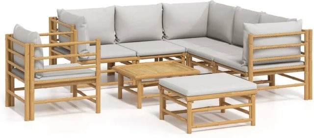 vidaXL 8-tlg Garten-Lounge-Set aus Bambus mit Kissen in Hellgrau und Braun, L-Form mit Sofa, Eckelement, Ottoman und Couchtisch - Bild 1