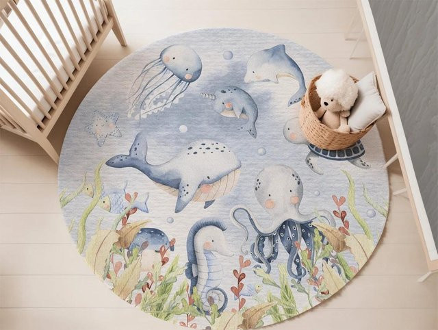 Runder Teppich Karpetti mit blauem Meerestier Motiv für Kinderzimmer und Wohnzimmer, Durchmesser: 80 cm - Bild 1