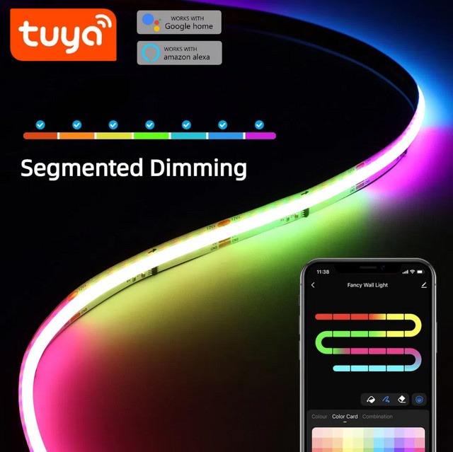 TUYA Smart RGBIC COB LED Streifen Licht mit 576 LEDs, DC12V, Multicolour, dimmbar, App- und Sprachsteuerung via Alexa und Google Home, segmentiertes Dimmen für moderne Raumdekoration - Bild 1
