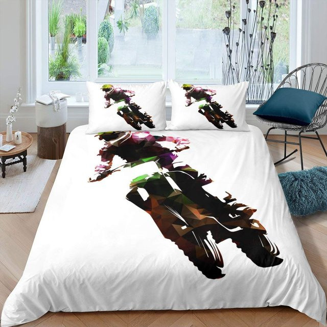 Motorrad Bettwäsche Set Motocross Design aus Polyester, 3-teilig, Farbe: Weiß, B/H: 180 x 210 cm, inklusive Kissenbezüge 50 x 70 cm - Bild 1