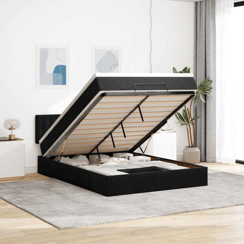 vidaxl Ottoman Polsterbett mit Matratze und LED in Schwarz aus Samt, B/T/H: 140 x 190 x 88 cm - Bild 1