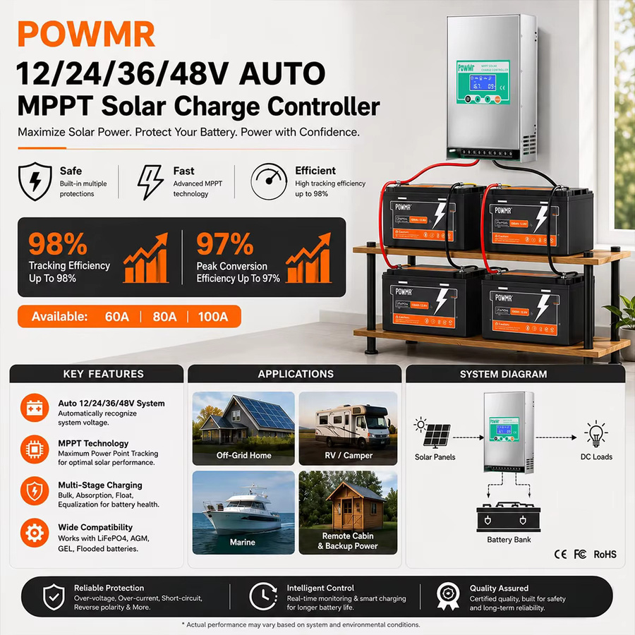 PowMr 80A MPPT Solar Laderegler für Blei- und Lithiumbatterien, 12V/24V/36V/48V, max. PV-Eingang 1200W/2400W/3600W/3840W, PV-Spannung 20-150V mit LCD-Display und Schutzfunktionen - Bild 3
