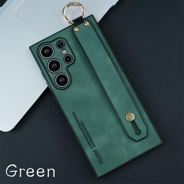 Samsung Handyhülle aus Silikon mit Leder-Armbandhalter und Ringverschluss in Grün für Galaxy S21 bis S26 Ultra - Bild 1