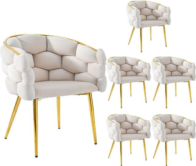 Merax Esszimmerstuhl 6er Set aus Samt in Beige mit goldfarbenen Metallbeinen - Bild 1
