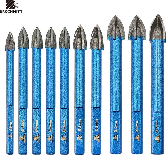 BRSCHNITT Hartmetall Bohrer Set mit Dreiecksschaft für Holz, Kunststoff, Granit und Marmor, 10 Stück, Blau - Bild 1