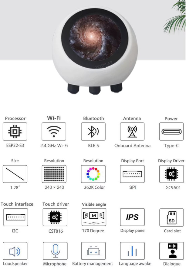 Spotpear DeepSeek KI-Sprachchat-Roboter mit 1,28-Zoll-LCD-Display ESP32-S3 N16R8 Elektronisches EYE-Display Desktop ESPHome-Assistent für XiaoZhi in Weiß - Bild 4