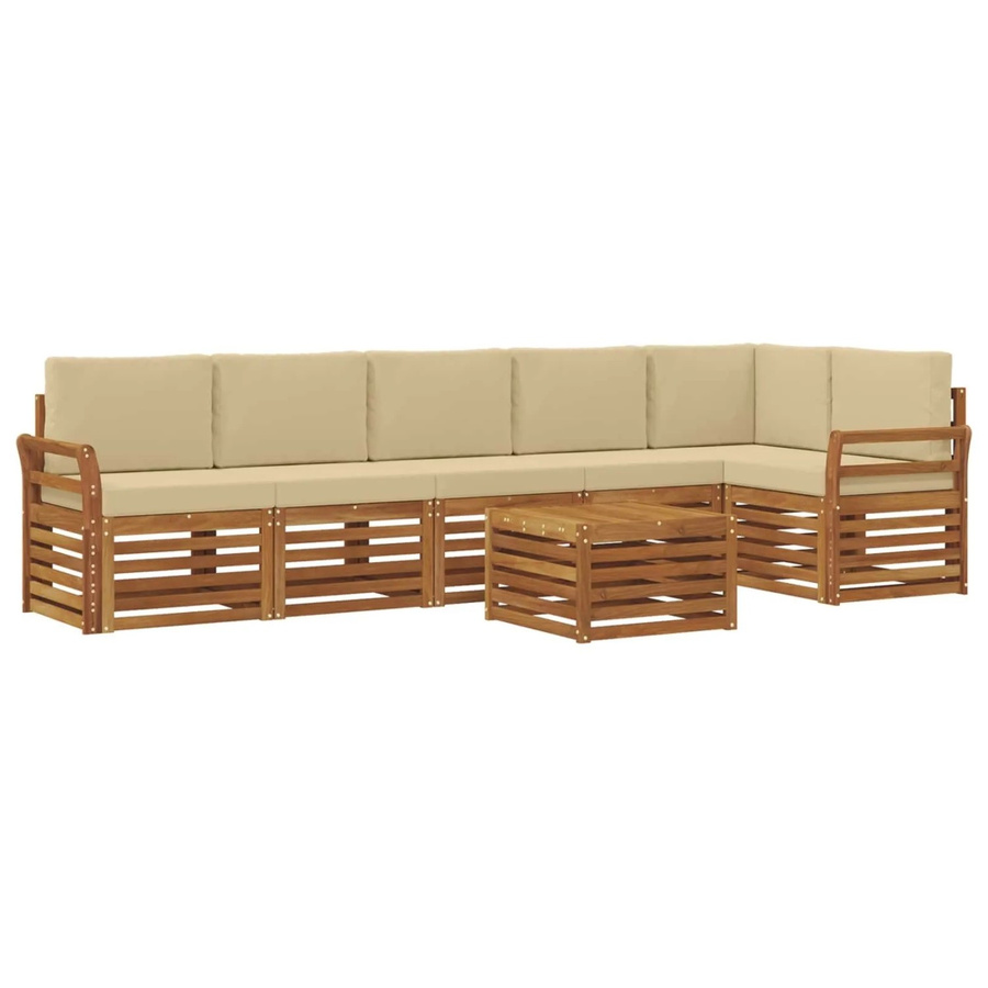 vidaXL Sofagarnitur 7-teilig aus Akazie Massivholz in Natur und Beige mit L-Form und Polsterkissen - Bild 2