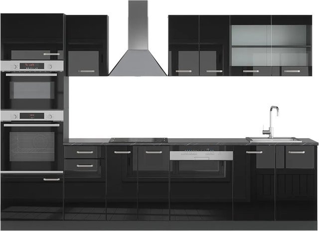 Vicco R-Line Küchenzeile in Schwarz Hochglanz und Anthrazit mit Hochschrank, Breite: 300 cm - Bild 1