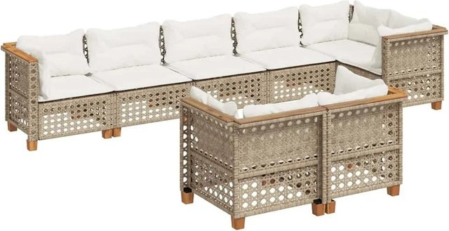 vidaXL 8-teilige Garten-Sofagarnitur in L-Form aus Poly-Rattan und Akazienholz in Beige mit Kissen - Bild 1