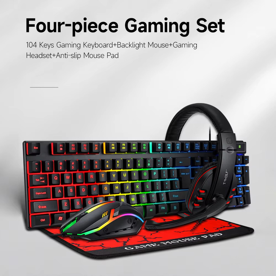 4-teiliges Gaming-Set mit ergonomischer Tastatur, 104 Tasten, 4-Farben-Beleuchtung, Maus, Headset und rutschfestem Mauspad in Schwarz - Bild 3