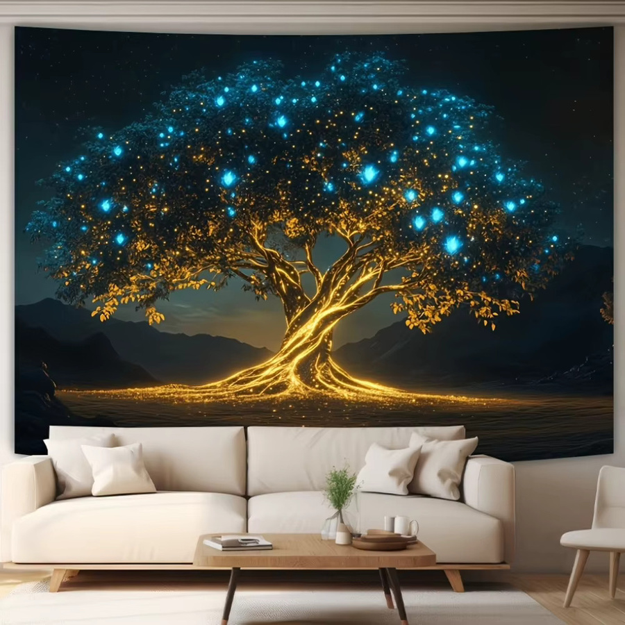 VIKAMA Wandtapisserie Enchanted Glowing Tree in Gold und Multicolour, Textil-Wanddekoration mit Baum-Motiv, Breite: 75 cm, Höhe: 58 cm - Bild 2