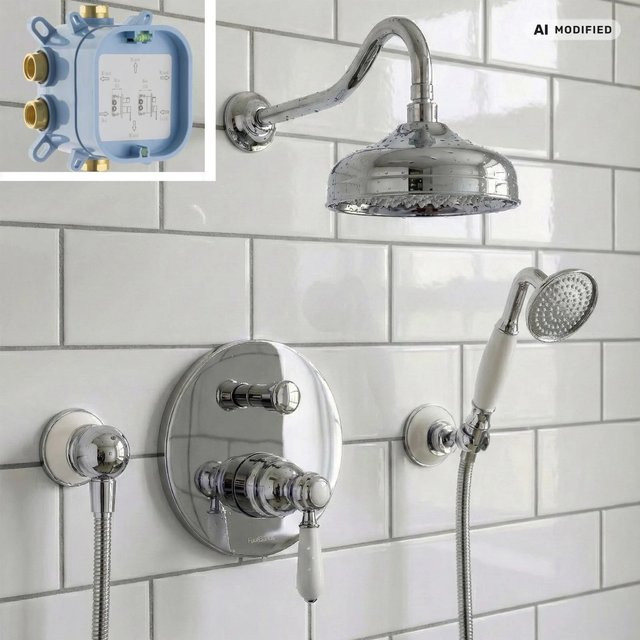 PaulGurkes Duschsystem Unterputz Nostalgie Retro mit Einhandmischer, Regendusche und Handbrause, Chrom/Silber - Bild 1