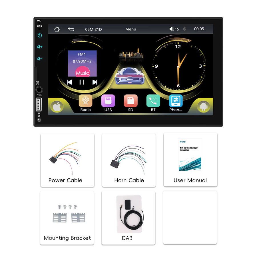 Podofo 7 Zoll Android Auto und Apple CarPlay Multimedia Player mit Bluetooth, Mirrorlink, DAB und Rückfahrkamera in Schwarz - Bild 4