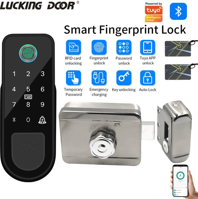 LUCKING DOOR Fingerabdruck-Haustürschloss in Schwarz mit Tuya App-Unterstützung, Bluetooth und IC-Karten-Gateway-Entsperrung für schlüssellosen Zugang - Bild 1