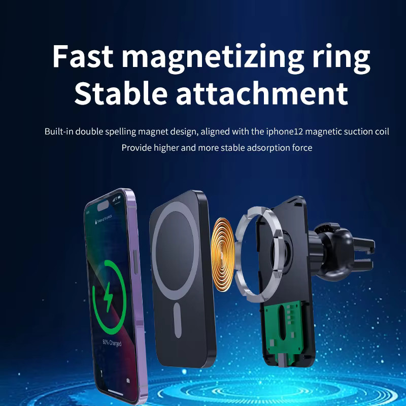 VIKEFON Magnetisches kabelloses Autoladegerät mit Lüftungsschlitz-Halterung für MagSafe iPhone Samsung und Xiaomi in Schwarz - Bild 2