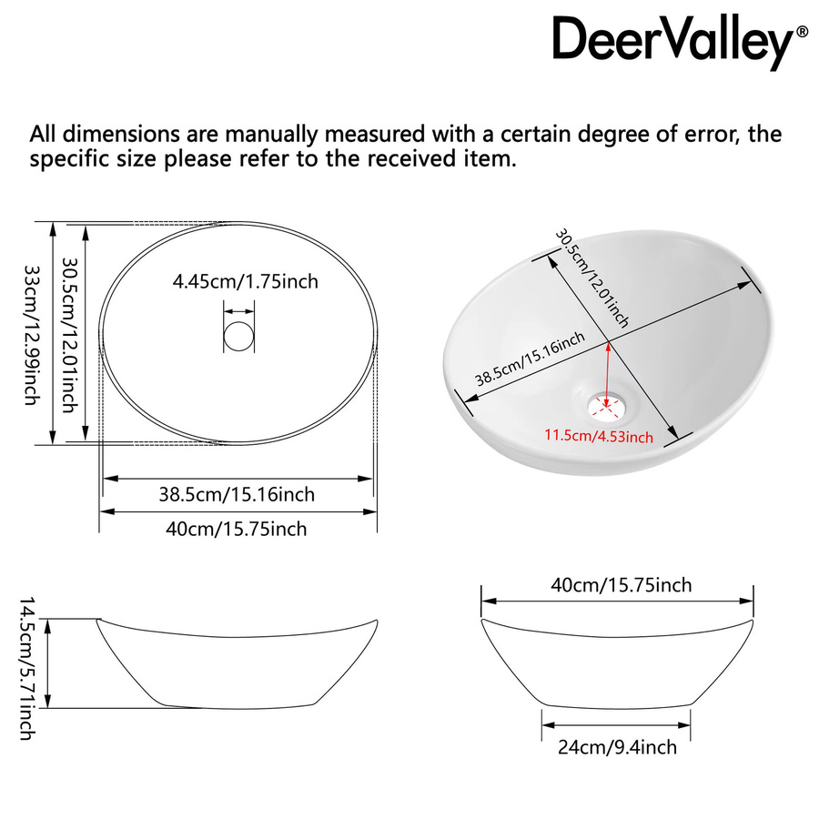 DeerValley Aufsatzwaschbecken Oval aus Keramik in Weiß, B: 41 cm, T: 33,5 cm, H: 14,5 cm, ohne Überlauf - Bild 3