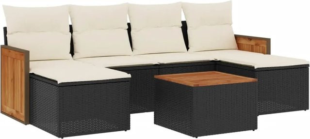 vidaXL 7-teilige Garten-Sofagarnitur in L-Form aus Poly-Rattan und Akazienholz mit Kissen in Schwarz und Cremeweiß - Bild 1