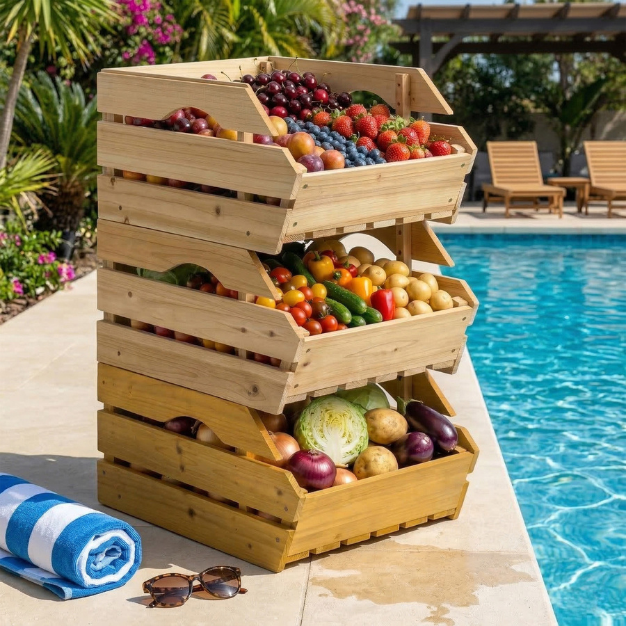 Outsunny 3-stufiger Obstkorbständer aus Fichtenholz in Natur, abnehmbare Aufbewahrung für Obst und Gemüse, B/T/H: 37,5 x 27 x 60 cm - Bild 2