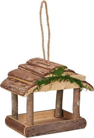 Relaxdays Vogelfutterhaus aus Holz in Natur mit Moos-Dekor zum Aufhängen, B: 19 cm, H: 22 cm, T: 16,5 cm