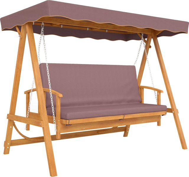 Outsunny 2 in 1 Hollywoodschaukel aus Holz mit Liegefunktion und Sonnendach, 3-Sitzer Gartenschaukel inklusive Sitzauflage, Braun, B/T/H: 236 x 130 x 181 cm - Bild 1