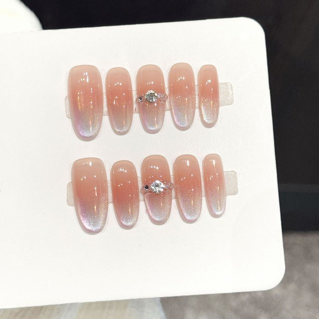 YADORNOS Press-On-Nägel, Aurora Gradient Cat's Eye, Nude, Oval, Glänzend - Bild 1