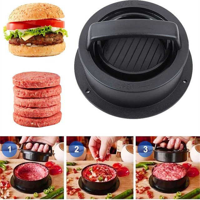 3-in-1 Hamburgerpresse in Schwarz für gefüllte Burger-Patties, runde Form, antihaftbeschichtete Grillpresse aus Kunststoff - Bild 1