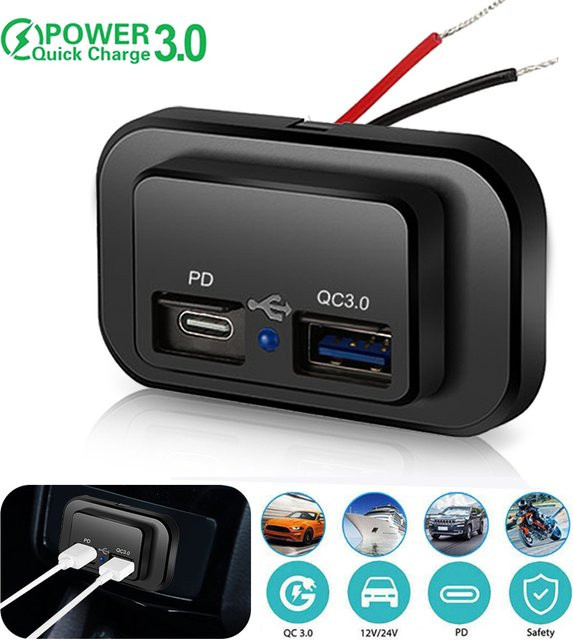Kebidu Dual USB Quick Charge 3.0 Auto Ladegerät mit LED Licht für 12V/24V Auto Lkw Motorrad ATV RV Bus in Schwarz - Bild 1