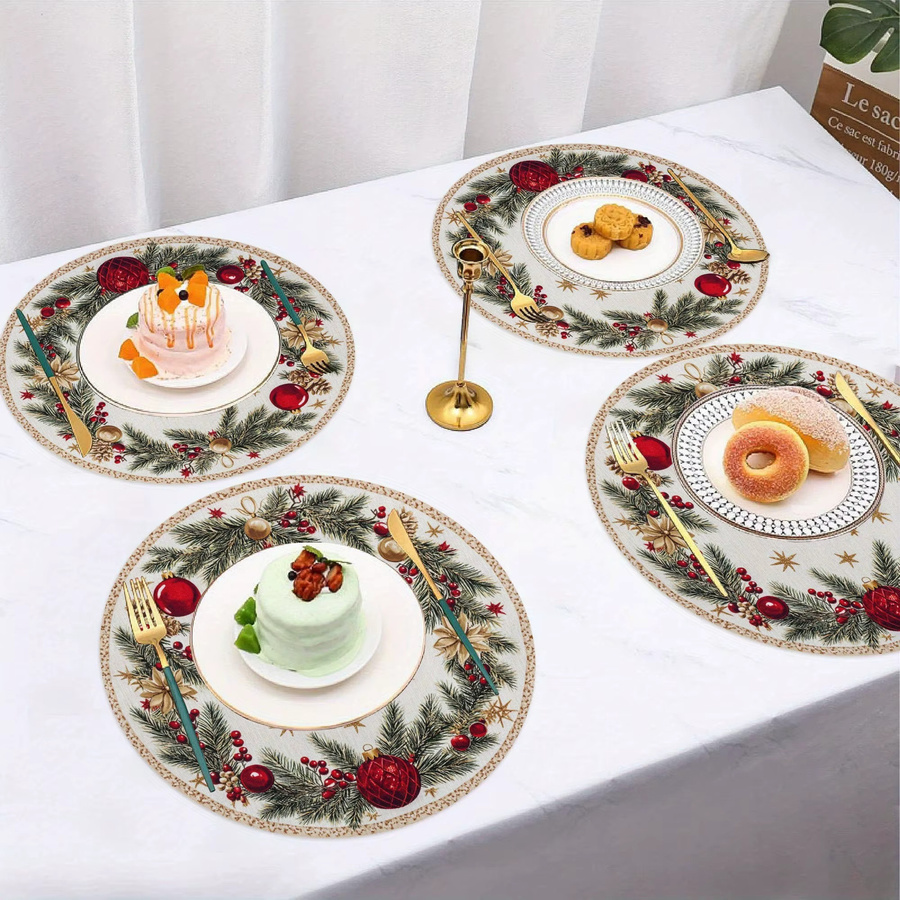 VIKAMA 4er Set Weihnachts-Mahlzeitmatten aus Leinen in Herzform mit Beeren, Gold und Glocken Motiv in Mehrfarbig - Bild 3