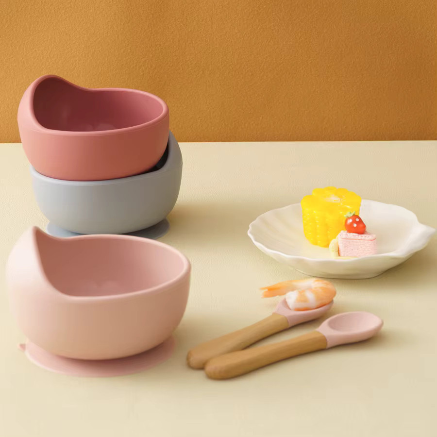 3er Set Baby Silikon Besteckset mit Holzgriff in Pink für das Fütterungstraining - Bild 2