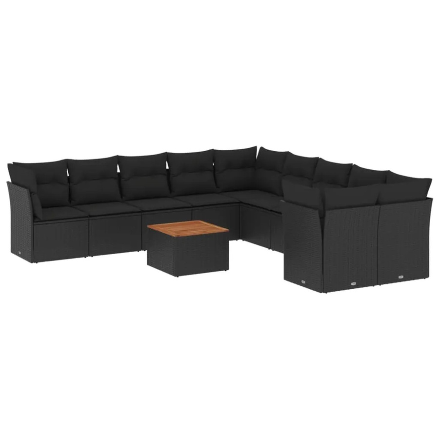 vidaXL 11-tlg Garten-Sofagarnitur aus Poly-Rattan und Akazienholz in Schwarz mit Kissen und Gartentisch - Bild 2