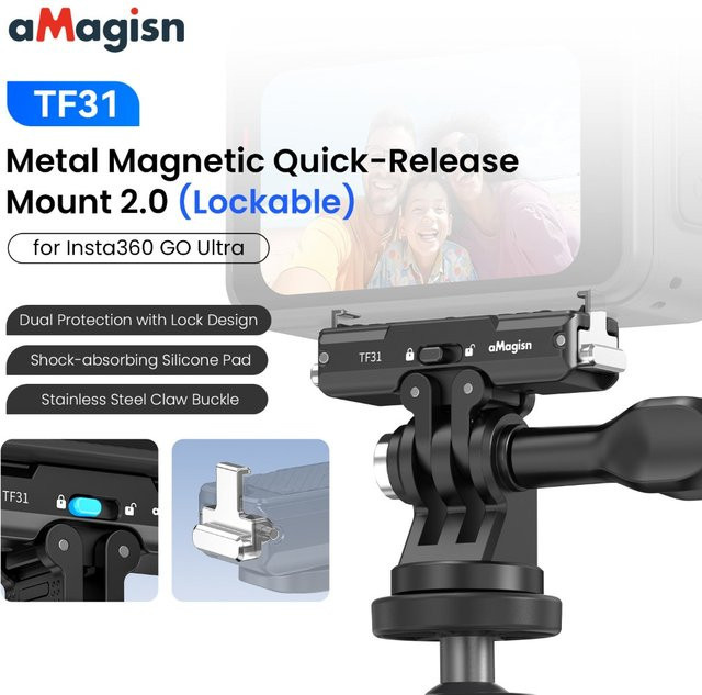 aMagisn Metall-Schnellverschluss-Halterung 2.0 für Insta360 GO Ultra in Schwarz mit Sicherheitsverriegelung und Anti-Shake-Stabilisierung - Bild 1