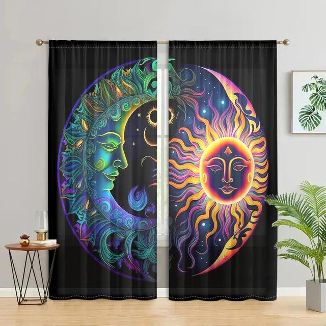 2er-Set halbtransparente Vorhänge mit Sonnen- und Mondmustern in Schwarz, Breite: 150 cm, Höhe: 166 cm - Bild 1
