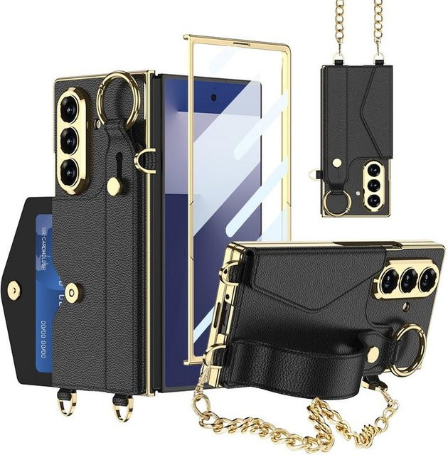 Goldene Schutzhülle mit Leder-Kartensteckplatz und Armband für Samsung Galaxy Z Fold7 und Z Fold6 - Bild 1