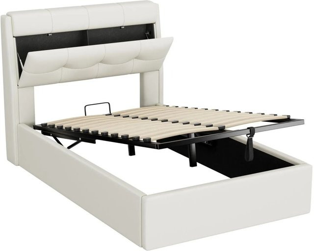 KOMHTOM Polsterbett mit hydraulischem Bettkasten und Lattenrost in Weiß, B/T/H: 90 x 200 x 40,9 cm - Bild 1