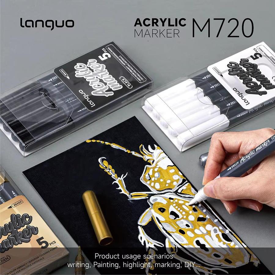 Haile 5er Set Hochglanz Flüssig-Acryl Permanentmarker in Schwarz, Weiß, Gold und Silber, wasserfeste Brush-Stifte für DIY-Handwerk und Malerei - Bild 3