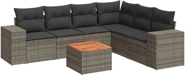 vidaXL 7-tlg Garten-Sofagarnitur in L-Form aus Polyrattan und Akazienholz mit Kissen in Grau - Bild 1