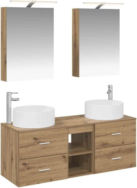 vidaXL Badezimmermöbel-Set 5-teilig in Artisan-Eiche mit Glas, Waschbeckenunterschrank, Spiegelschrank und Wandschränken, Braun - Bild 1