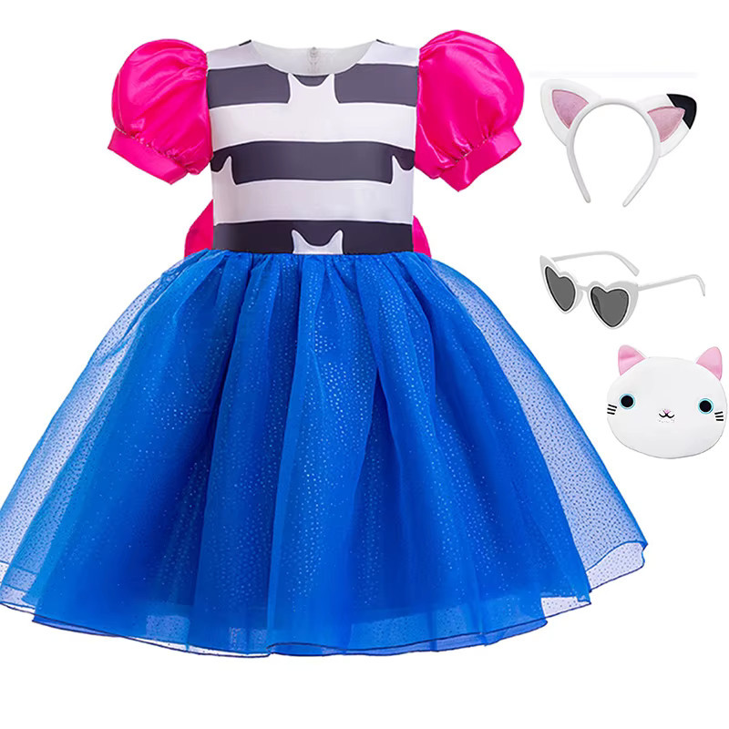 keaiyouhuo Cartoon-Katze Karnevalskostüm für Kinder, Prinzessinnenkleid, schwarz-weiß gestreift, Plüsch / Textil - Bild 3